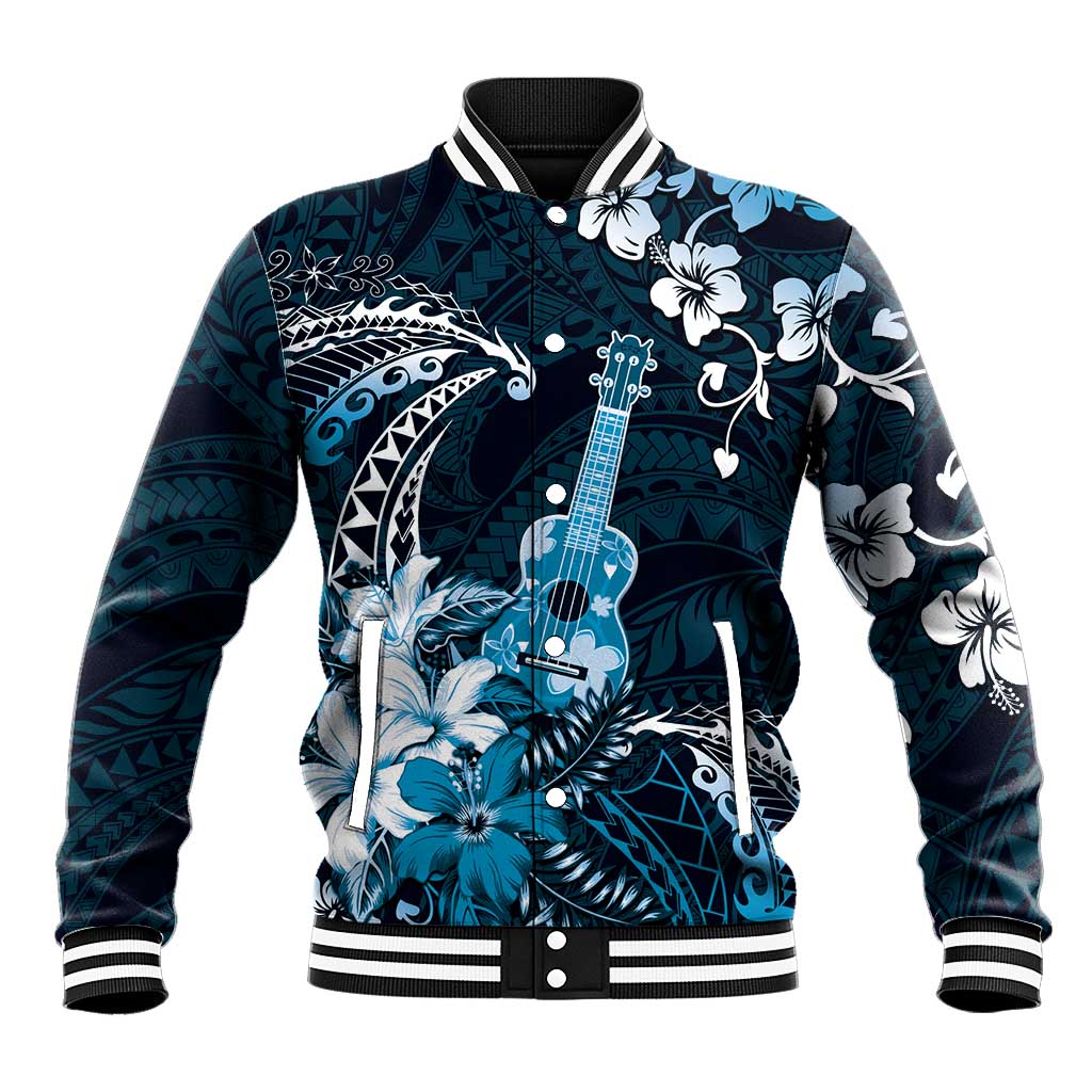 Hawaii Ukulele Baseball Jacket Polynesian Pattern Mix Hibiscus Blue Version LT05 Unisex Blue - Polynesian Pride