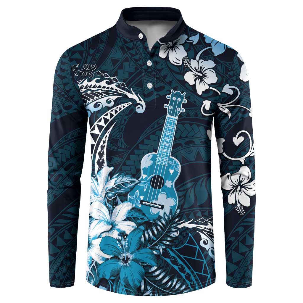Hawaii Ukulele Button Sweatshirt Polynesian Pattern Mix Hibiscus Blue Version LT05 Blue - Polynesian Pride
