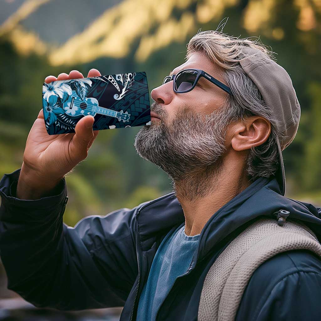 Hawaii Ukulele 4 in 1 Can Cooler Tumbler Polynesian Pattern Mix Hibiscus Blue Version