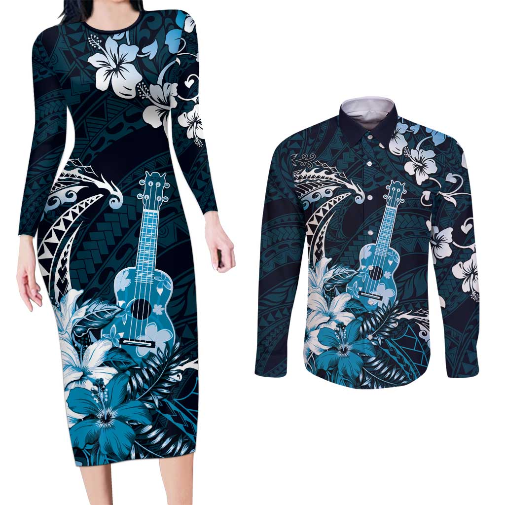 Hawaii Ukulele Couples Matching Long Sleeve Bodycon Dress and Long Sleeve Button Shirt Polynesian Pattern Mix Hibiscus Blue Version LT05 Blue - Polynesian Pride