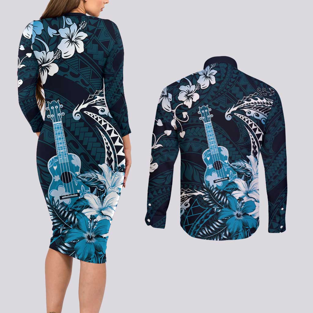 Hawaii Ukulele Couples Matching Long Sleeve Bodycon Dress and Long Sleeve Button Shirt Polynesian Pattern Mix Hibiscus Blue Version LT05