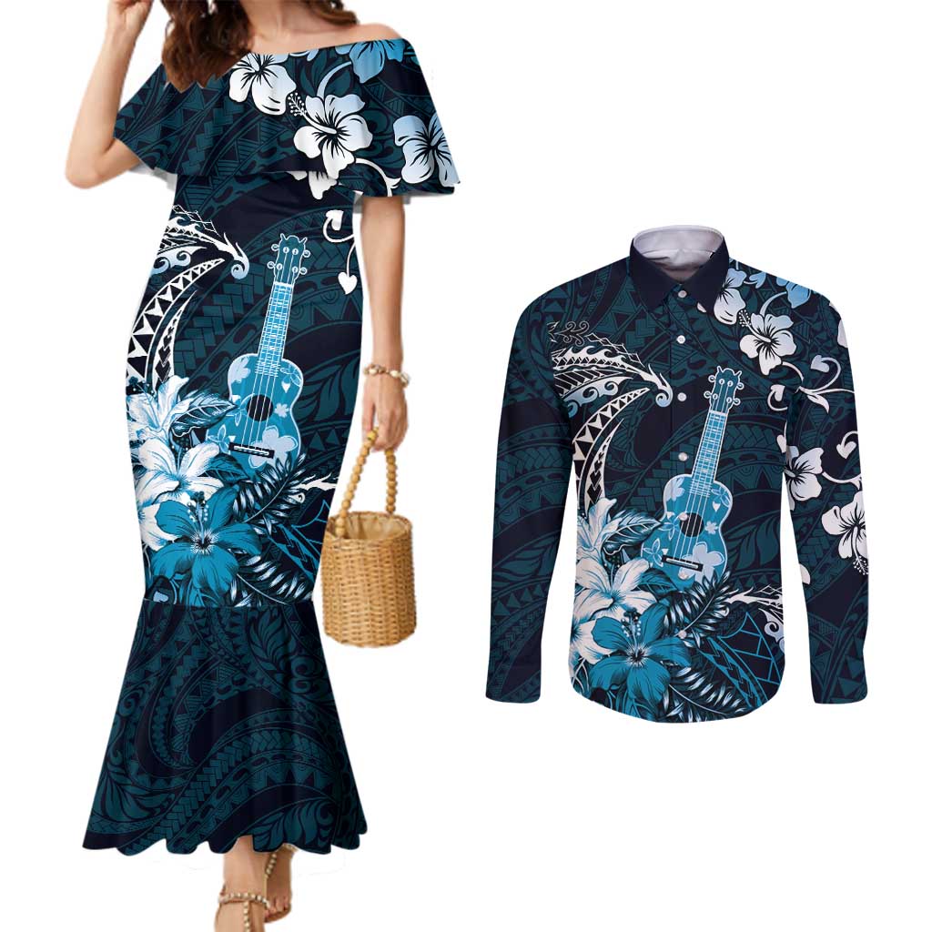 Hawaii Ukulele Couples Matching Mermaid Dress and Long Sleeve Button Shirt Polynesian Pattern Mix Hibiscus Blue Version LT05 Blue - Polynesian Pride