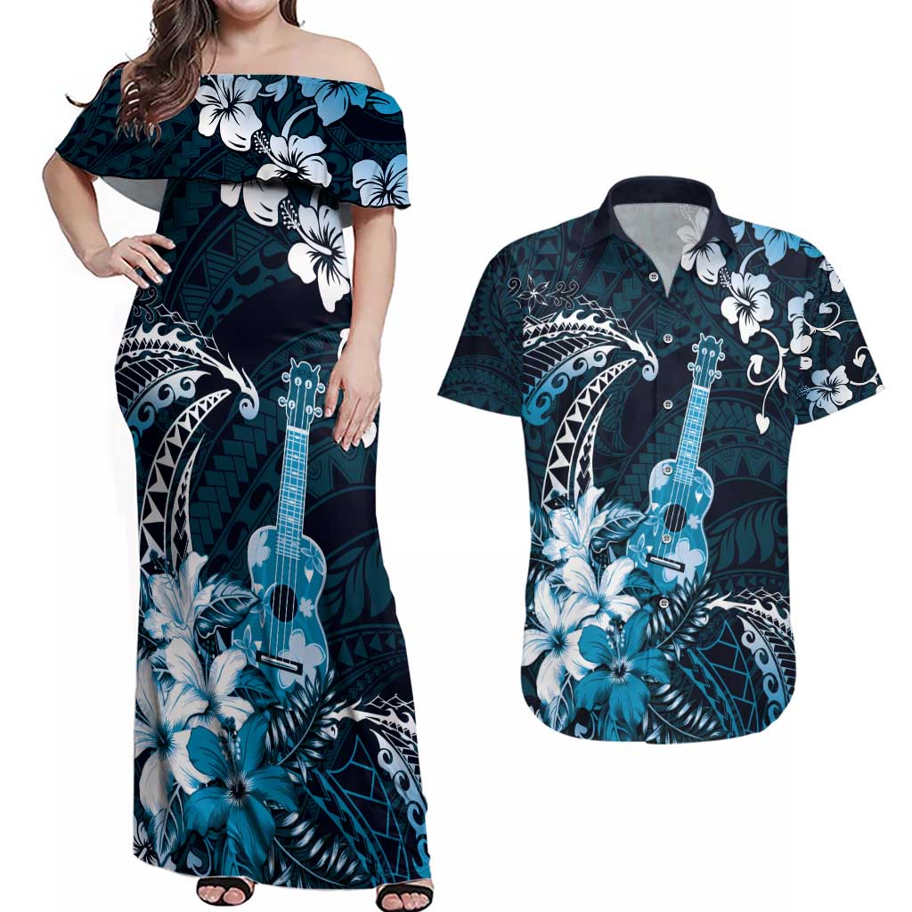 Hawaii Ukulele Couples Matching Off Shoulder Maxi Dress and Hawaiian Shirt Polynesian Pattern Mix Hibiscus Blue Version LT05