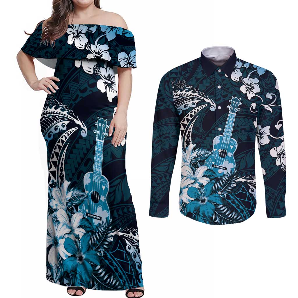 Hawaii Ukulele Couples Matching Off Shoulder Maxi Dress and Long Sleeve Button Shirt Polynesian Pattern Mix Hibiscus Blue Version LT05 Blue - Polynesian Pride