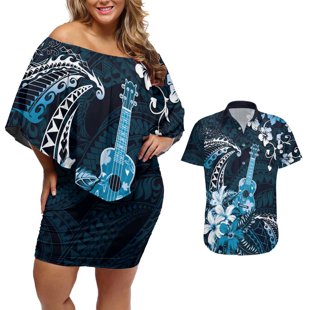 Hawaii Ukulele Couples Matching Off Shoulder Short Dress and Hawaiian Shirt Polynesian Pattern Mix Hibiscus Blue Version LT05