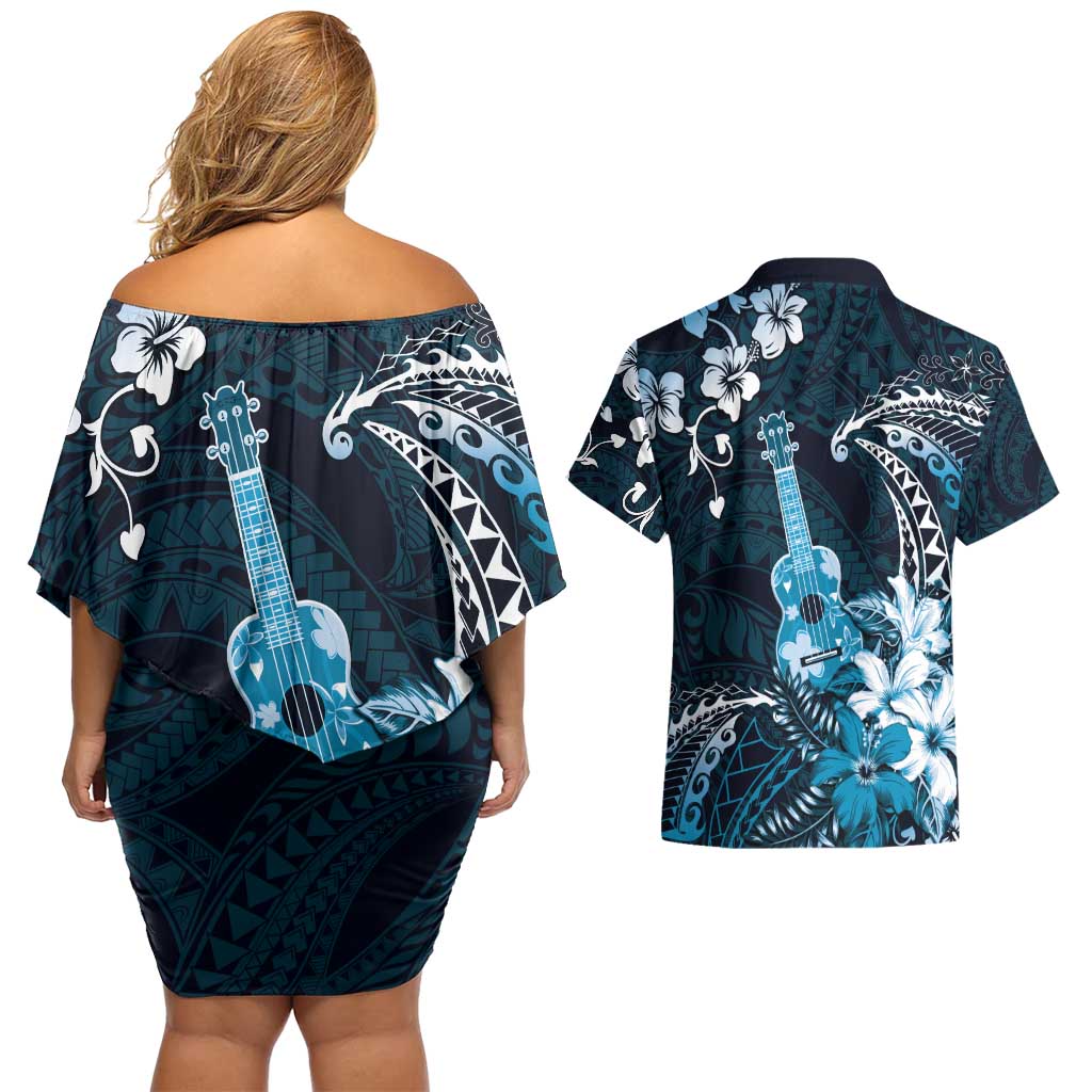 Hawaii Ukulele Couples Matching Off Shoulder Short Dress and Hawaiian Shirt Polynesian Pattern Mix Hibiscus Blue Version LT05