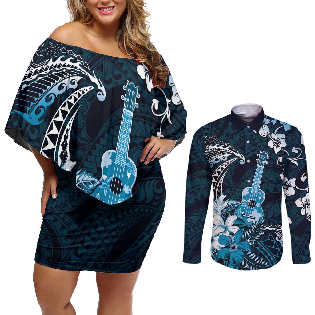 Hawaii Ukulele Couples Matching Off Shoulder Short Dress and Long Sleeve Button Shirt Polynesian Pattern Mix Hibiscus Blue Version LT05 Blue - Polynesian Pride