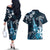 Hawaii Ukulele Couples Matching Off The Shoulder Long Sleeve Dress and Hawaiian Shirt Polynesian Pattern Mix Hibiscus Blue Version LT05