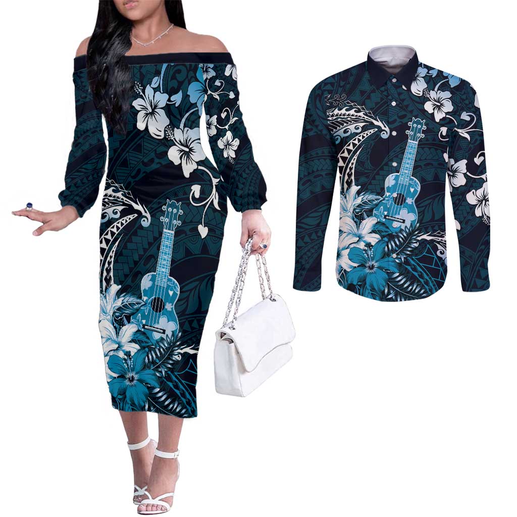 Hawaii Ukulele Couples Matching Off The Shoulder Long Sleeve Dress and Long Sleeve Button Shirt Polynesian Pattern Mix Hibiscus Blue Version LT05 Blue - Polynesian Pride