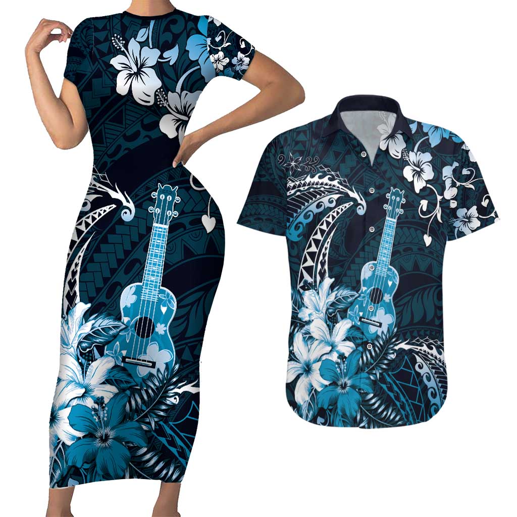 Hawaii Ukulele Couples Matching Short Sleeve Bodycon Dress and Hawaiian Shirt Polynesian Pattern Mix Hibiscus Blue Version LT05