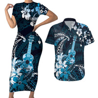 Hawaii Ukulele Couples Matching Short Sleeve Bodycon Dress and Hawaiian Shirt Polynesian Pattern Mix Hibiscus Blue Version LT05
