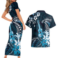 Hawaii Ukulele Couples Matching Short Sleeve Bodycon Dress and Hawaiian Shirt Polynesian Pattern Mix Hibiscus Blue Version LT05