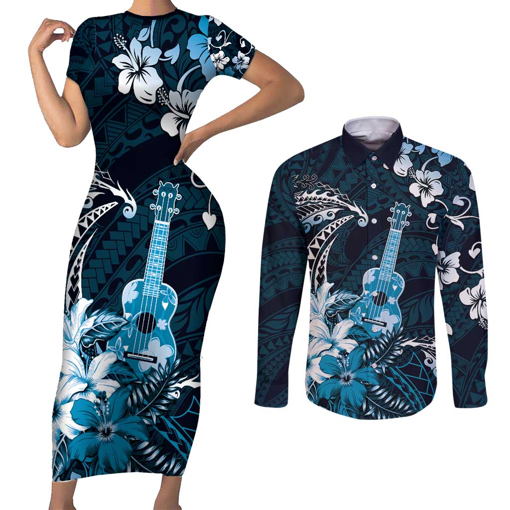 Hawaii Ukulele Couples Matching Short Sleeve Bodycon Dress and Long Sleeve Button Shirt Polynesian Pattern Mix Hibiscus Blue Version LT05 Blue - Polynesian Pride