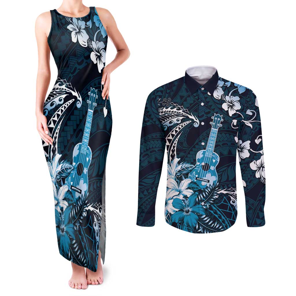 Hawaii Ukulele Couples Matching Tank Maxi Dress and Long Sleeve Button Shirt Polynesian Pattern Mix Hibiscus Blue Version LT05 Blue - Polynesian Pride