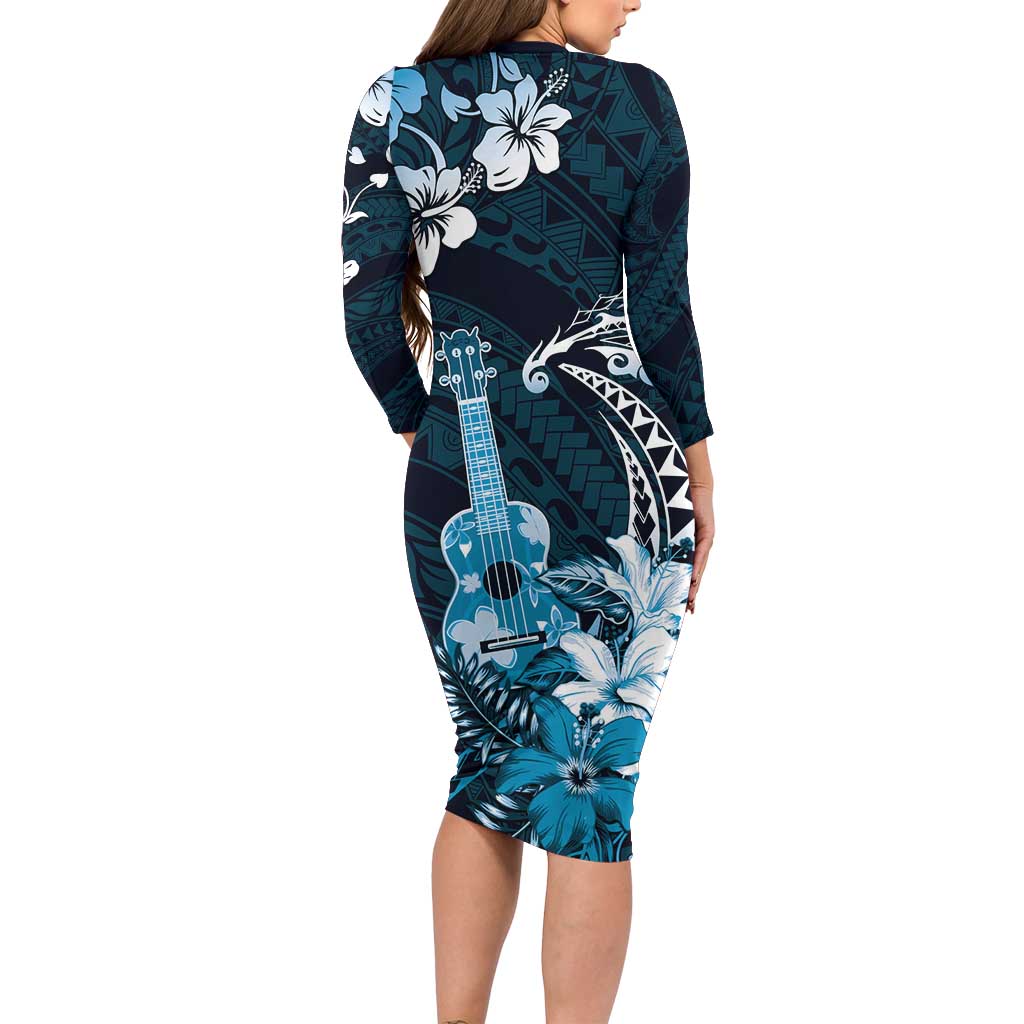 Hawaii Ukulele Family Matching Long Sleeve Bodycon Dress and Hawaiian Shirt Polynesian Pattern Mix Hibiscus Blue Version LT05