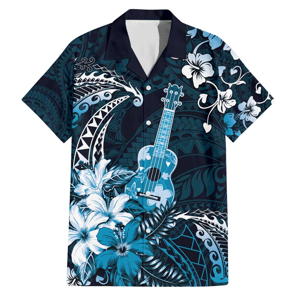 Hawaii Ukulele Family Matching Mermaid Dress and Hawaiian Shirt Polynesian Pattern Mix Hibiscus Blue Version LT05