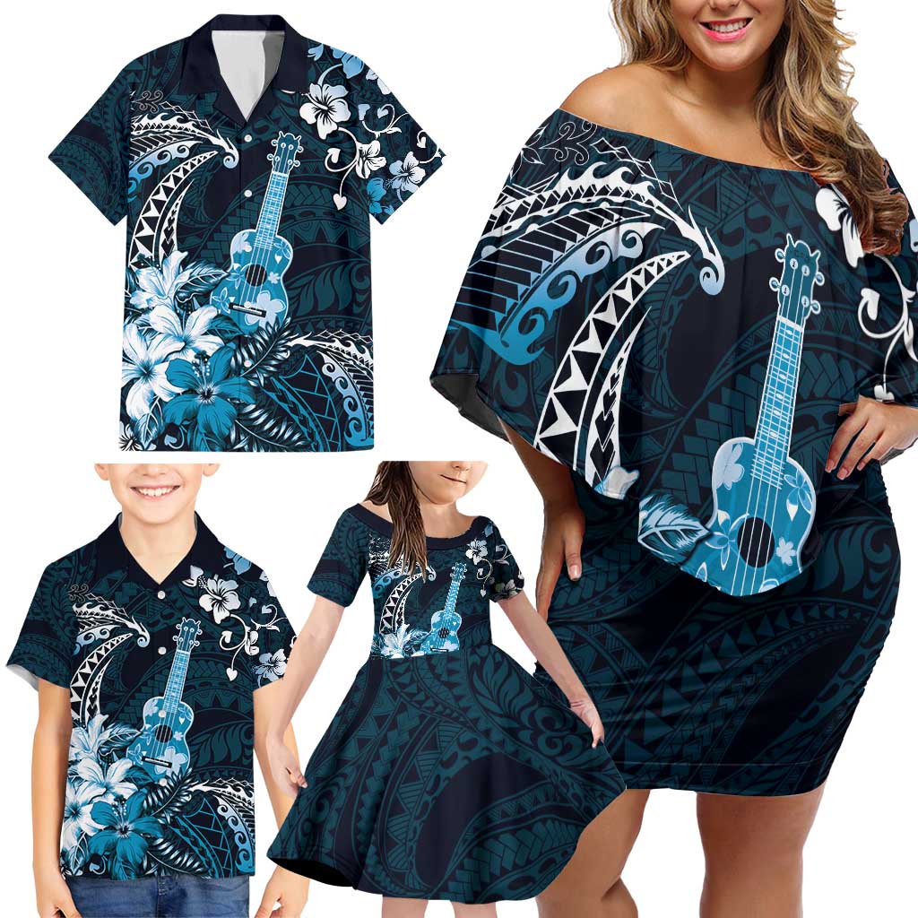 Hawaii Ukulele Family Matching Off Shoulder Short Dress and Hawaiian Shirt Polynesian Pattern Mix Hibiscus Blue Version LT05 - Polynesian Pride