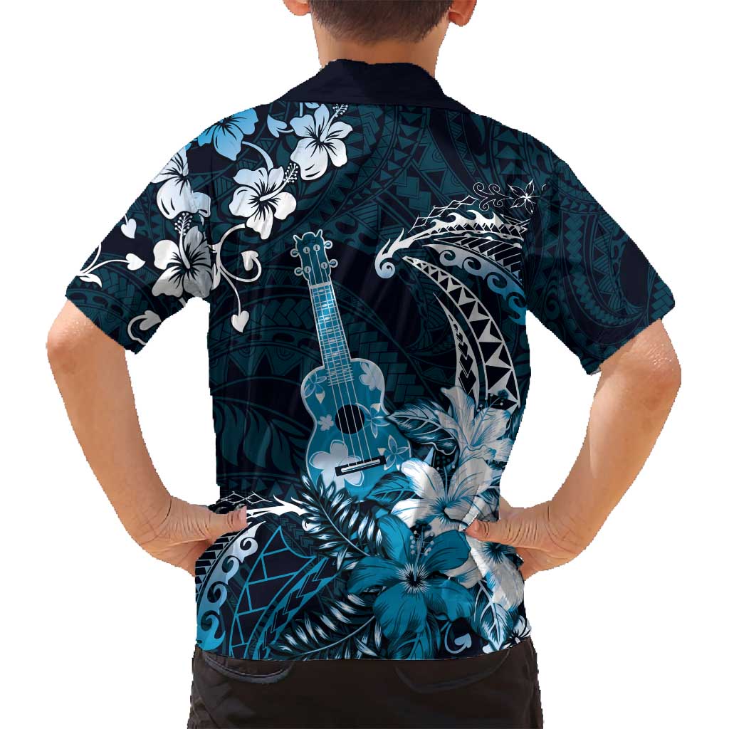 Hawaii Ukulele Family Matching Puletasi and Hawaiian Shirt Polynesian Pattern Mix Hibiscus Blue Version LT05