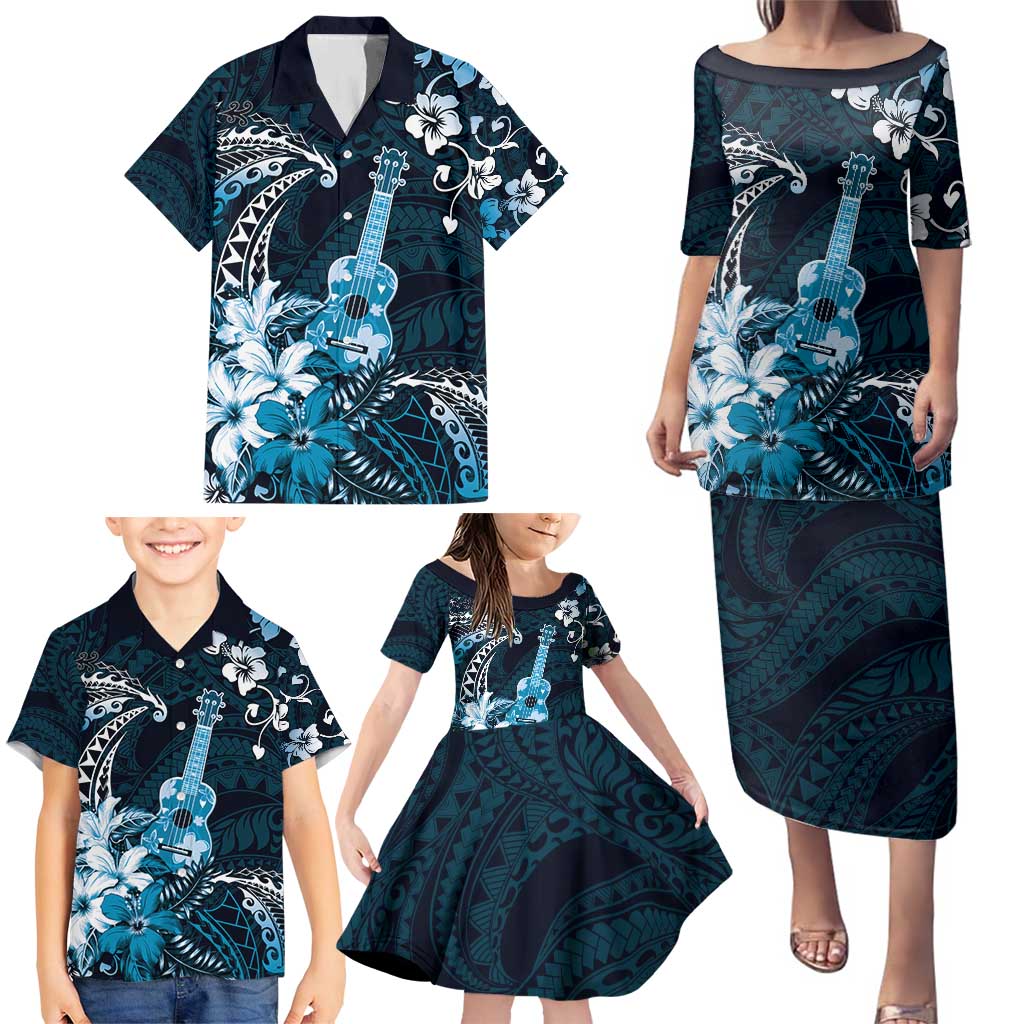 Hawaii Ukulele Family Matching Puletasi and Hawaiian Shirt Polynesian Pattern Mix Hibiscus Blue Version LT05