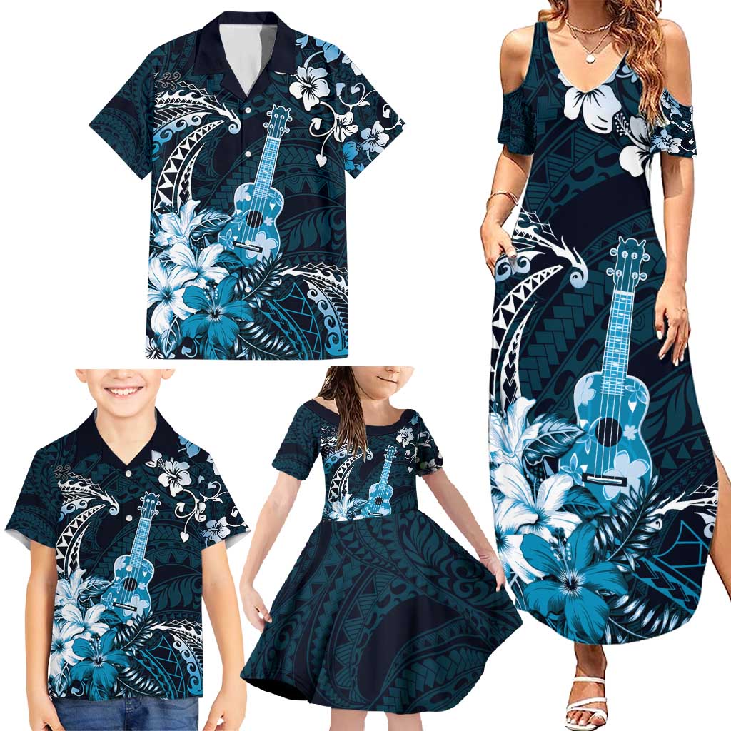 Hawaii Ukulele Family Matching Summer Maxi Dress and Hawaiian Shirt Polynesian Pattern Mix Hibiscus Blue Version LT05 - Polynesian Pride