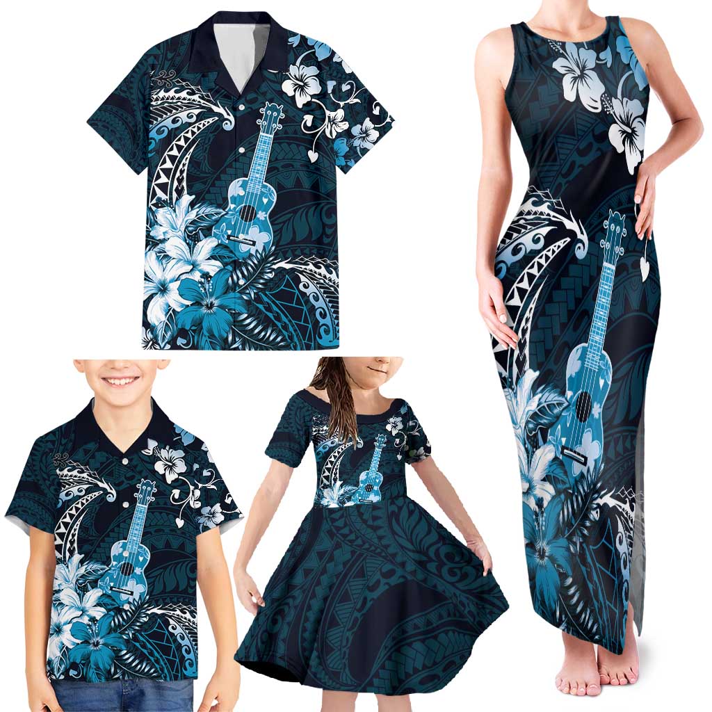 Hawaii Ukulele Family Matching Tank Maxi Dress and Hawaiian Shirt Polynesian Pattern Mix Hibiscus Blue Version LT05 - Polynesian Pride