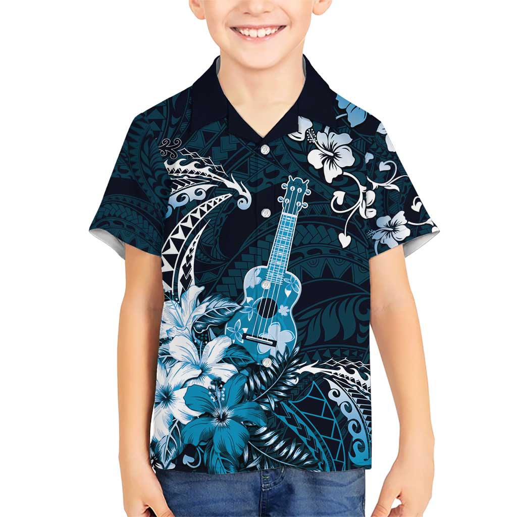 Hawaii Ukulele Kid Hawaiian Shirt Polynesian Pattern Mix Hibiscus Blue Version LT05 Kid Blue - Polynesian Pride