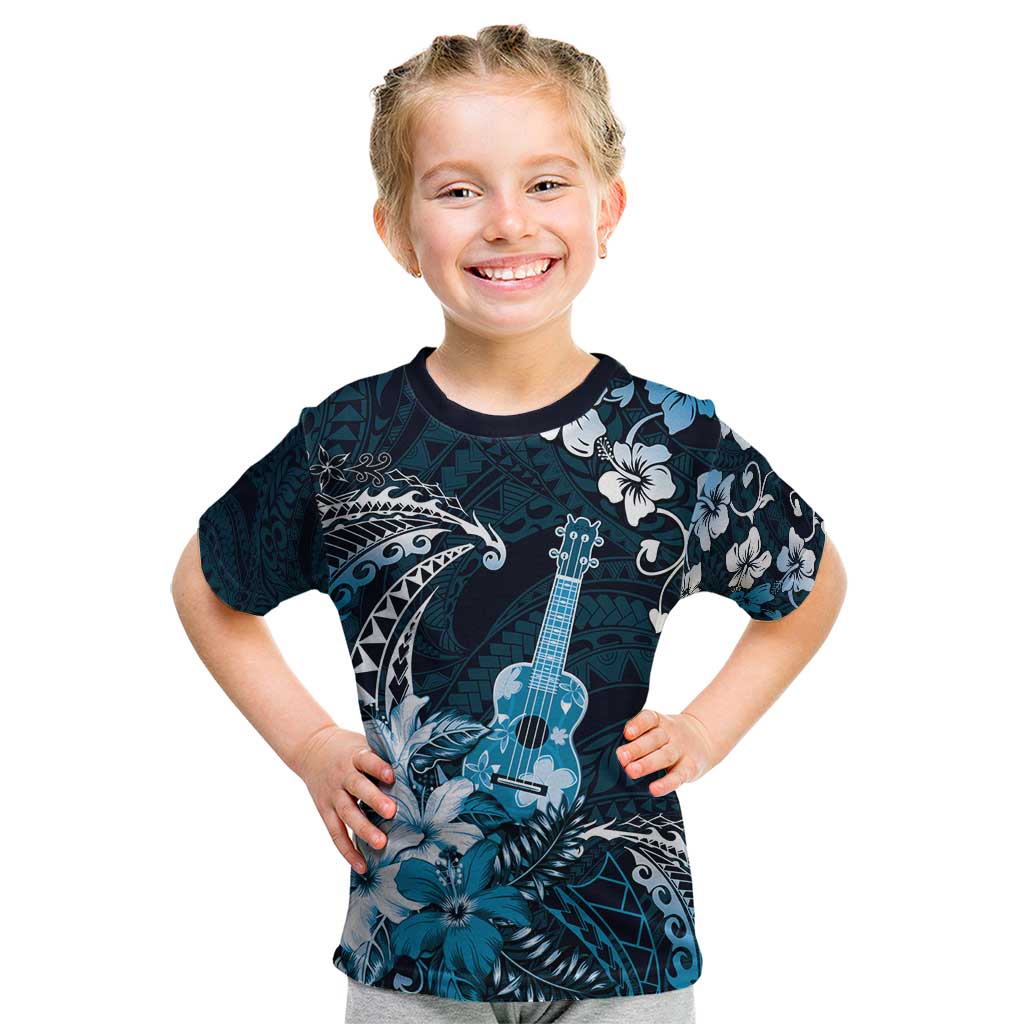 Hawaii Ukulele Kid T Shirt Polynesian Pattern Mix Hibiscus Blue Version LT05 Blue - Polynesian Pride