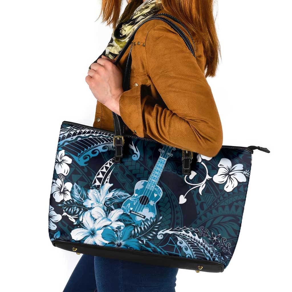 Hawaii Ukulele Leather Tote Bag Polynesian Pattern Mix Hibiscus Blue Version LT05 Blue - Polynesian Pride