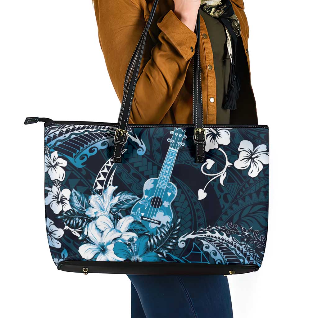Hawaii Ukulele Leather Tote Bag Polynesian Pattern Mix Hibiscus Blue Version