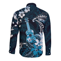 Hawaii Ukulele Long Sleeve Button Shirt Polynesian Pattern Mix Hibiscus Blue Version LT05
