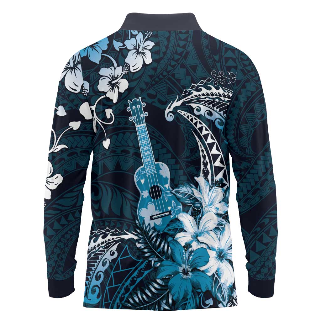 Hawaii Ukulele Long Sleeve Polo Shirt Polynesian Pattern Mix Hibiscus Blue Version LT05