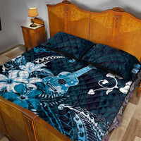 Hawaii Ukulele Quilt Bed Set Polynesian Pattern Mix Hibiscus Blue Version