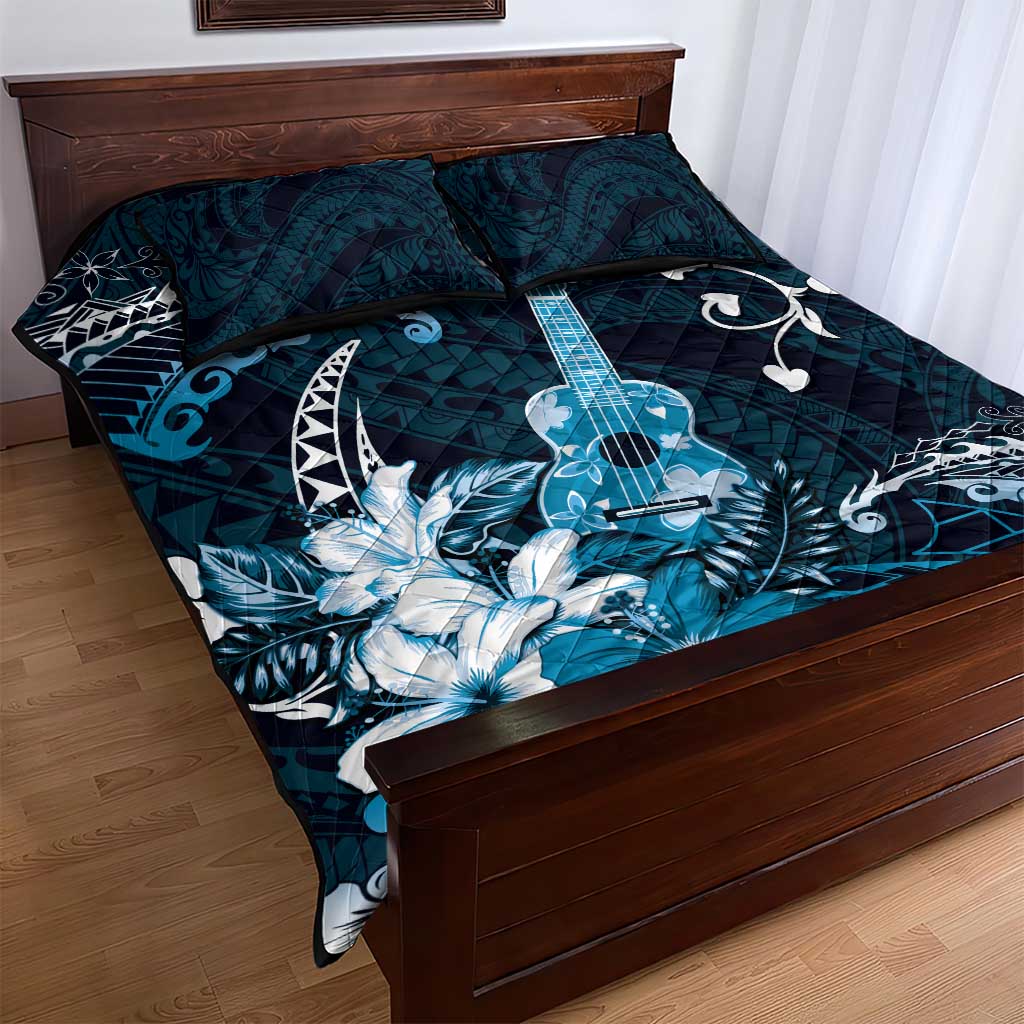 Hawaii Ukulele Quilt Bed Set Polynesian Pattern Mix Hibiscus Blue Version