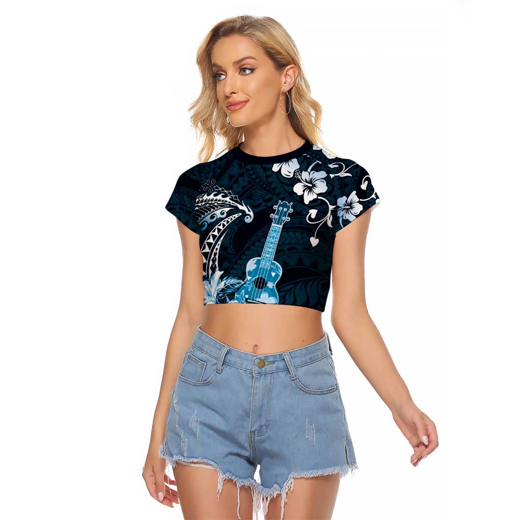 Hawaii Ukulele Raglan Cropped T Shirt Polynesian Pattern Mix Hibiscus Blue Version LT05 Female Blue - Polynesian Pride
