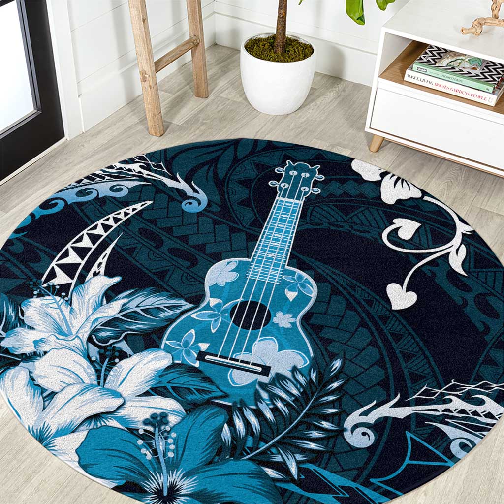 Hawaii Ukulele Round Carpet Polynesian Pattern Mix Hibiscus Blue Version LT05 Blue - Polynesian Pride