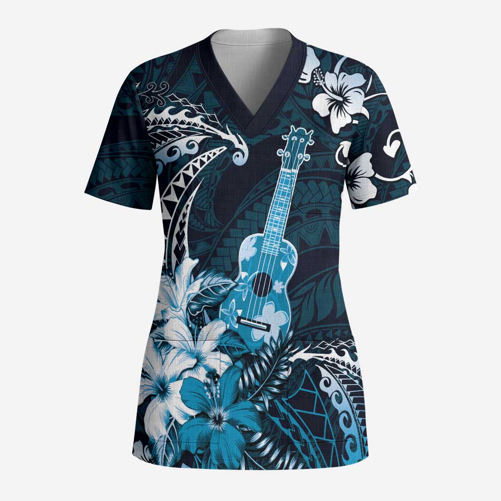 Hawaii Ukulele Scrub Top Polynesian Pattern Mix Hibiscus Blue Version - Polynesian Pride
