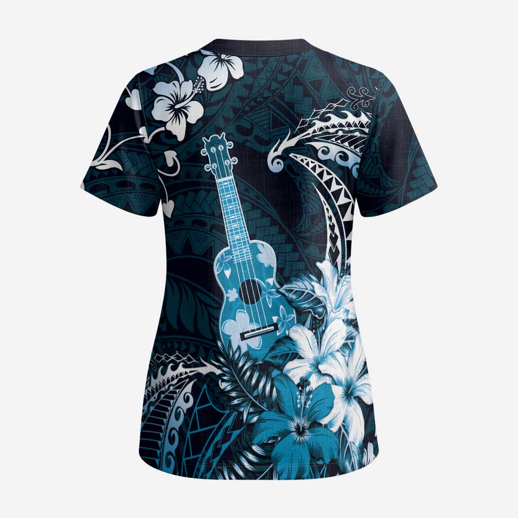 Hawaii Ukulele Scrub Top Polynesian Pattern Mix Hibiscus Blue Version - Polynesian Pride