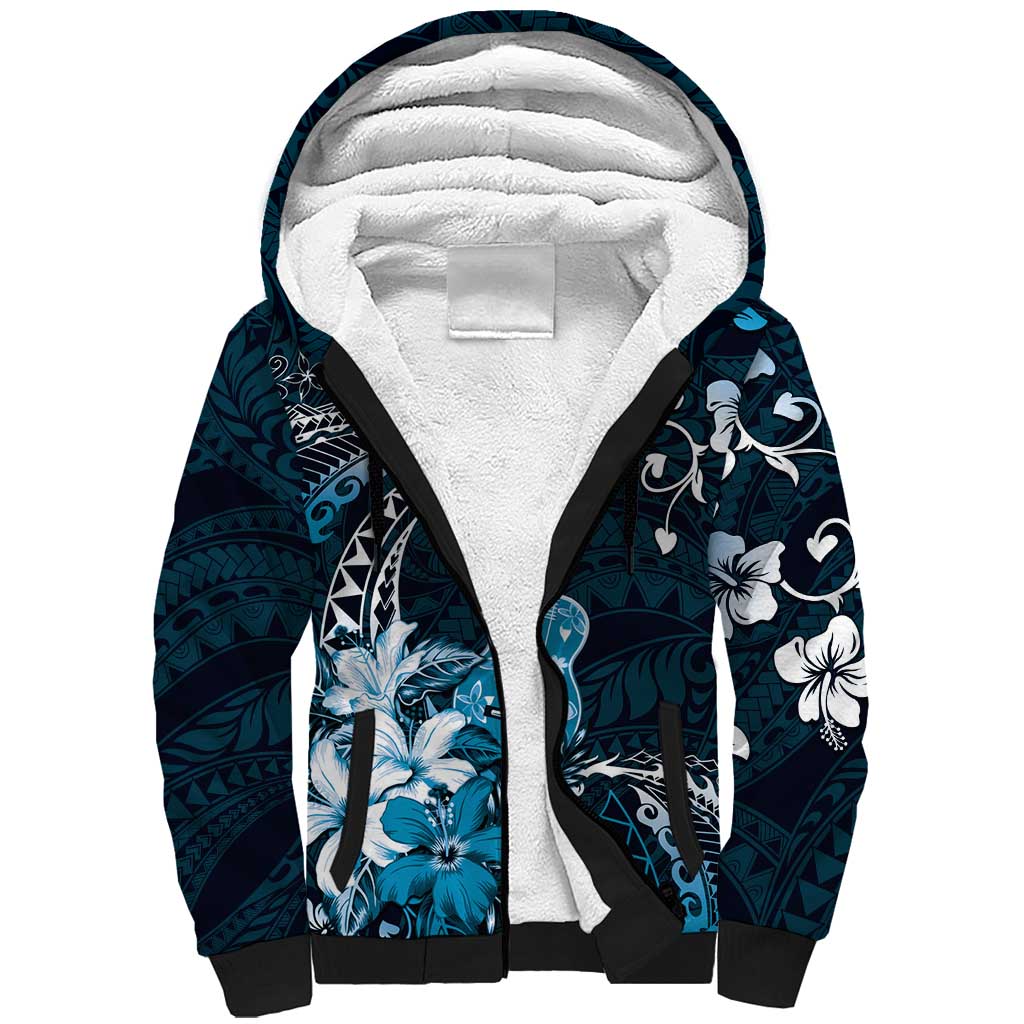 Hawaii Ukulele Sherpa Hoodie Polynesian Pattern Mix Hibiscus Blue Version LT05 Unisex Blue - Polynesian Pride