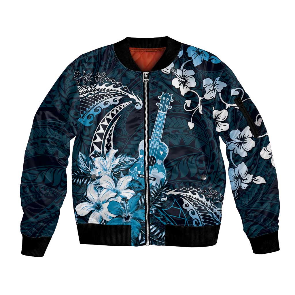 Hawaii Ukulele Sleeve Zip Bomber Jacket Polynesian Pattern Mix Hibiscus Blue Version LT05 Unisex Blue - Polynesian Pride