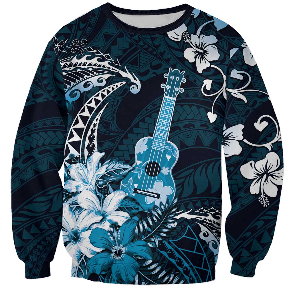 Hawaii Ukulele Sweatshirt Polynesian Pattern Mix Hibiscus Blue Version LT05 Unisex Blue - Polynesian Pride