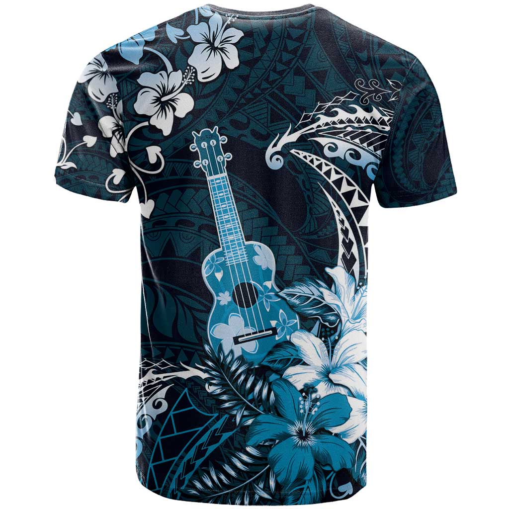 Hawaii Ukulele T Shirt Polynesian Pattern Mix Hibiscus Blue Version LT05