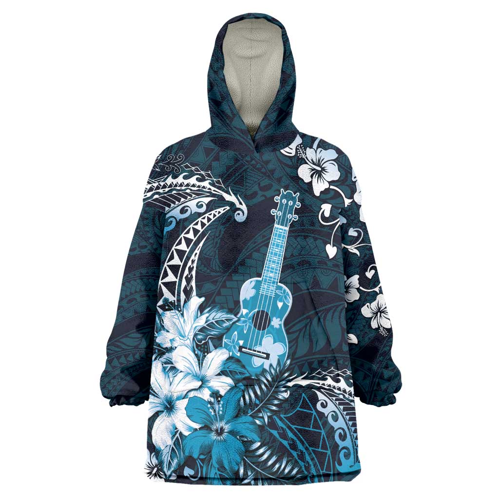 Hawaii Ukulele Wearable Blanket Hoodie Polynesian Pattern Mix Hibiscus Blue Version LT05 One Size Blue - Polynesian Pride