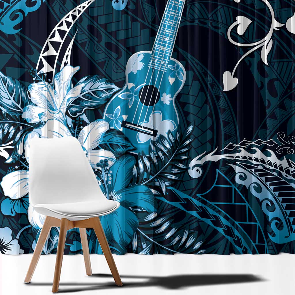 Hawaii Ukulele Window Curtain Polynesian Pattern Mix Hibiscus Blue Version