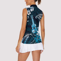 Hawaii Ukulele Women Sleeveless Polo Shirt Polynesian Pattern Mix Hibiscus Blue Version LT05