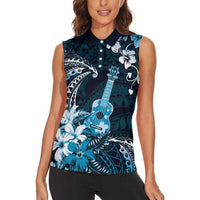 Hawaii Ukulele Women Sleeveless Polo Shirt Polynesian Pattern Mix Hibiscus Blue Version LT05