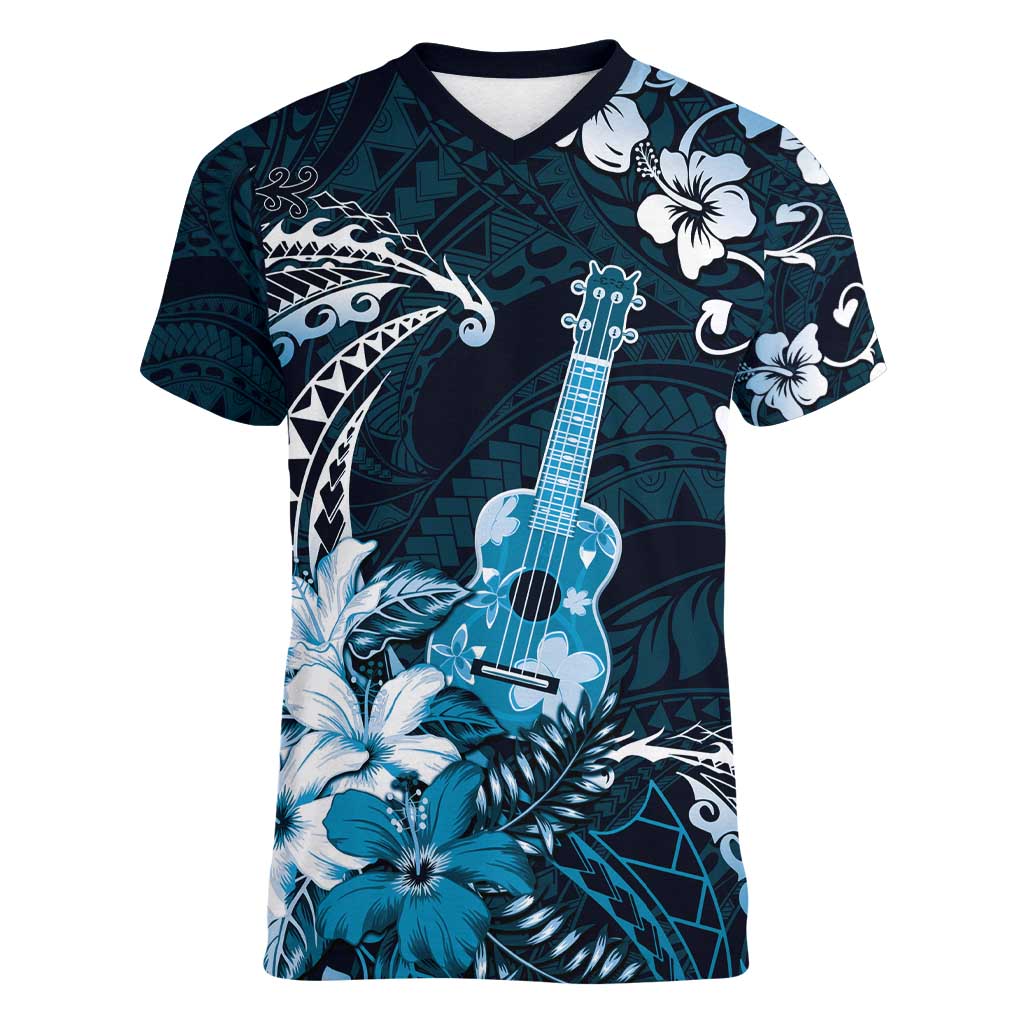 Hawaii Ukulele Women V-Neck T-Shirt Polynesian Pattern Mix Hibiscus Blue Version LT05 Female Blue - Polynesian Pride