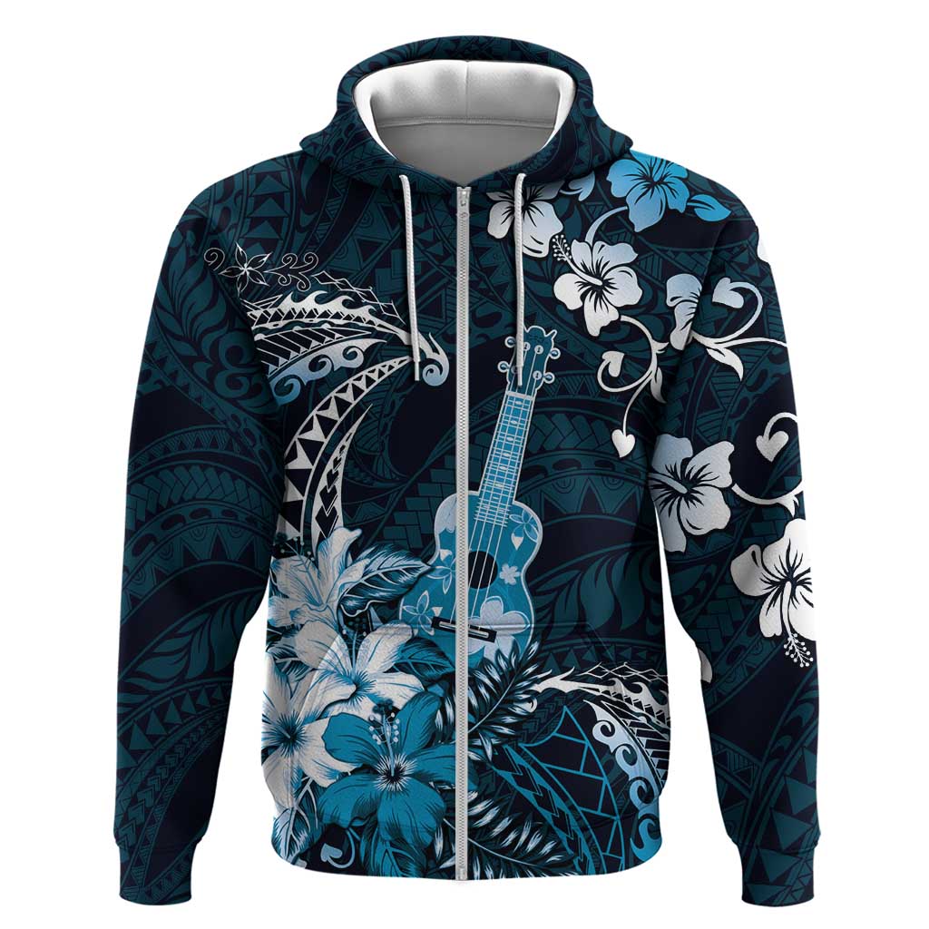 Hawaii Ukulele Zip Hoodie Polynesian Pattern Mix Hibiscus Blue Version LT05 Zip Hoodie Blue - Polynesian Pride