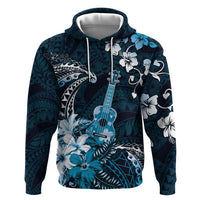 Hawaii Ukulele Zip Hoodie Polynesian Pattern Mix Hibiscus Blue Version LT05