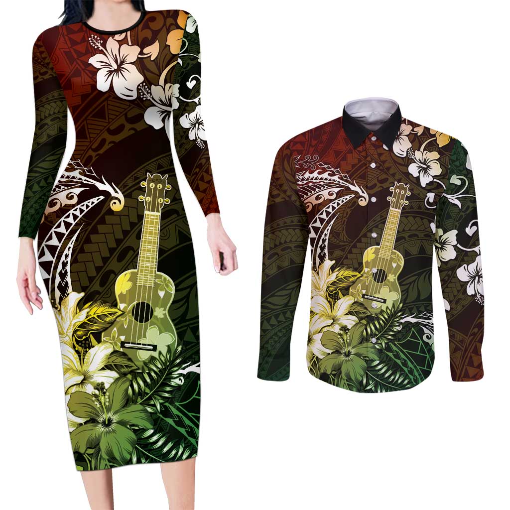 Hawaii Ukulele Couples Matching Long Sleeve Bodycon Dress and Long Sleeve Button Shirt Polynesian Pattern Mix Hibiscus Reggae Version LT05 Reggae - Polynesian Pride