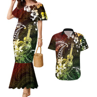 Hawaii Ukulele Couples Matching Mermaid Dress and Hawaiian Shirt Polynesian Pattern Mix Hibiscus Reggae Version LT05